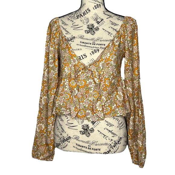 Daisy & Delilah (M) Floral Smocked Long Sleeve Peasant Top Tie Front Crop Blouse - Picture 12 of 16